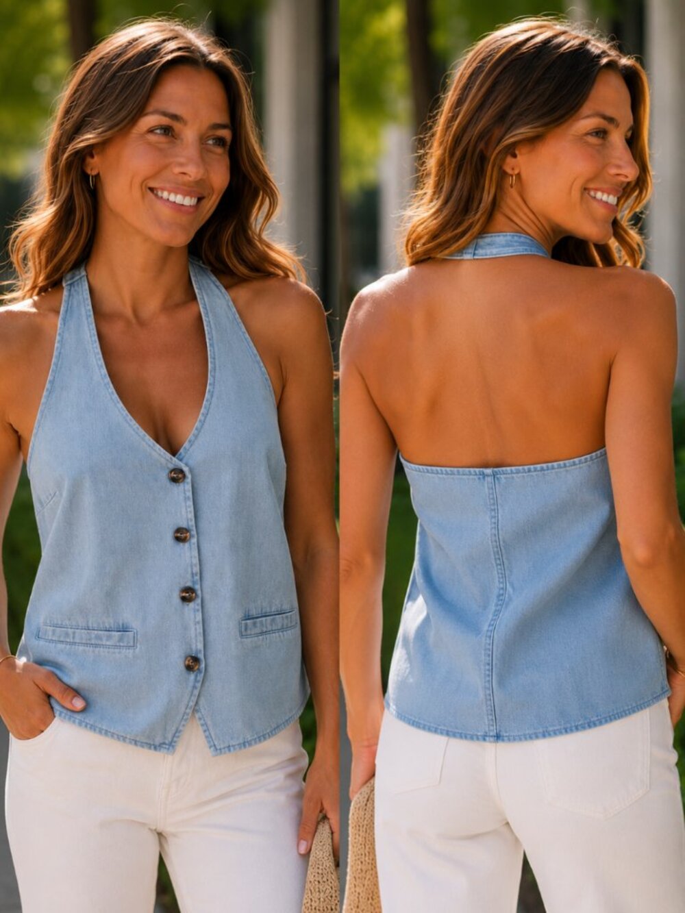 Karina Halter Denim Oversized Vest | Women's Blue Sleeveless Button-Up Halter